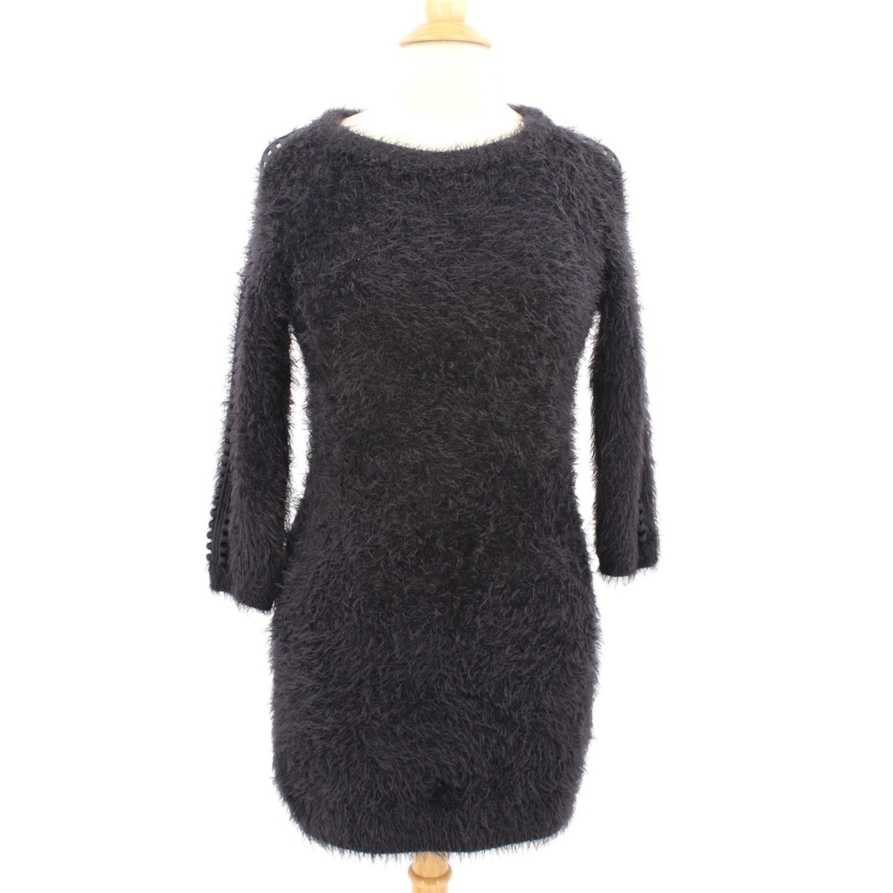 KNITZ For Love & Lemons Mini Dress‎ size M Black Shaggy Fuzzy Eyelash Cutout